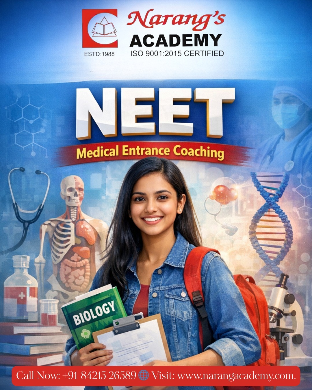 Dreaming of becoming a doctor? 🩺 Start your journey with Narang’s Academy, an ISO 9001:2015 Certified institute dedicated to excellence in NEET Medical Entrance Coaching.